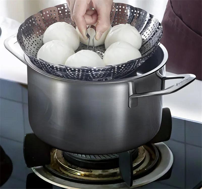 Folding Dish Steam Stainless Steel Food Bun Steamer Basket Mesh Vegetable Cooker Steamer Expandable Pannen Kitchen Tool Cooker