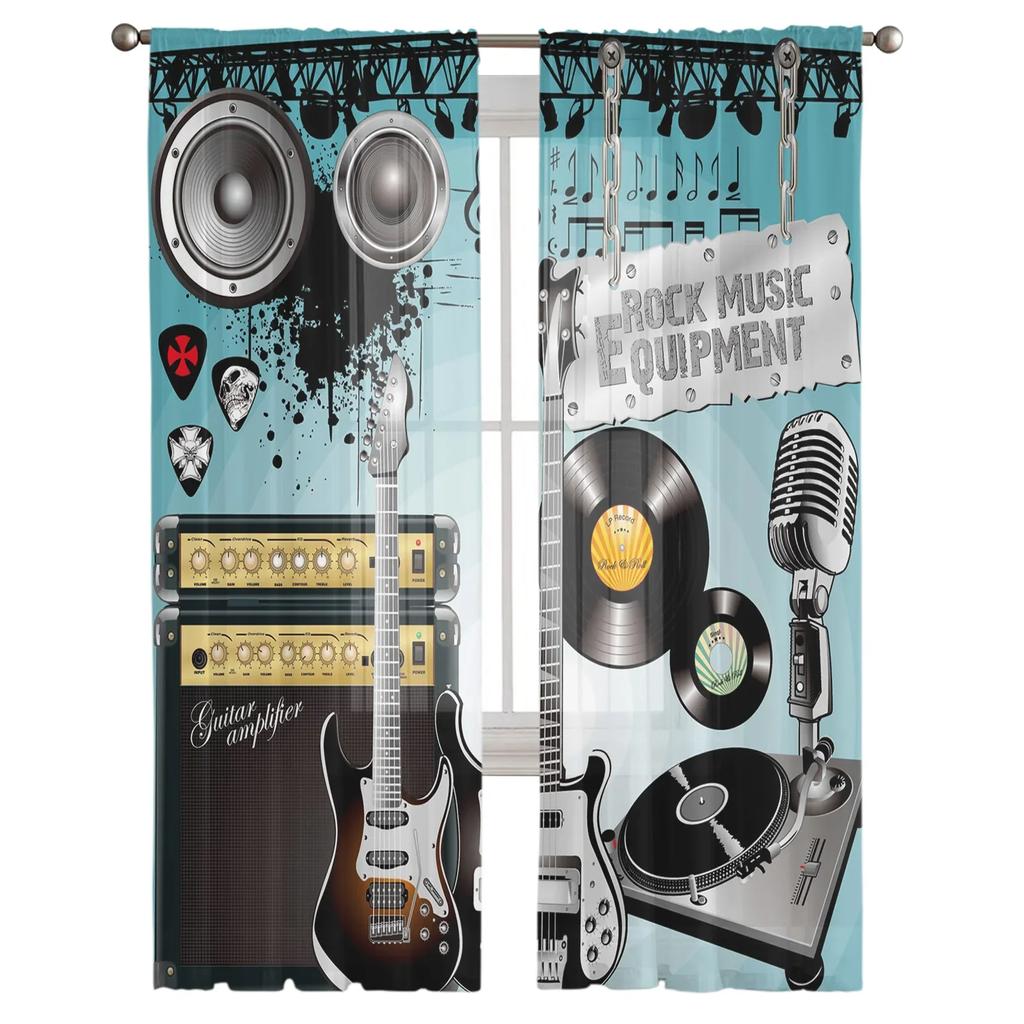 Rock Music Speaker Guitar Tulle Sheer Curtains for Living Room Decoration Window Curtain for Bedroom Voile Organza Drapes