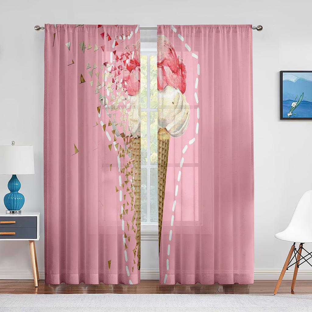 Ice Cream Summer Theme Chocolate and Fruity Flavor Tulle Window Curtains for Living Room Bedroom Decorative Sheer Voile Curtain