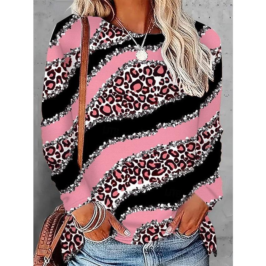 

Весенне-осенний топ с круглым вырезом, леопардовым блестящим узором и 3D-принтом, модная повседневная женская футболка с длинным рукавом 3XL