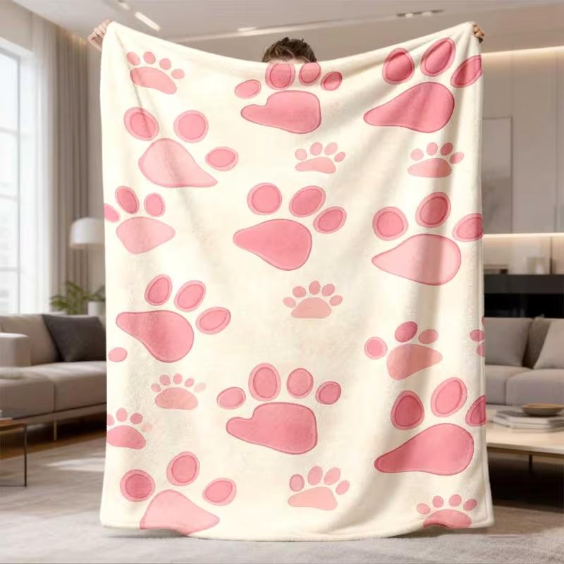 Soft Pink Cartoon Paw Print Blanket Cute Animal Footprint Pattern Cozy Blanket for Sofa Bed Sweet Room Decor