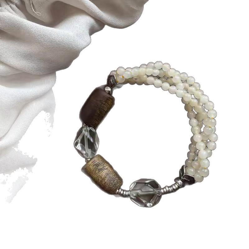 [Sandalwood and White] New Chinese imitation agarwood Hetian color millet bead white water bracelet retro high-end jewelry