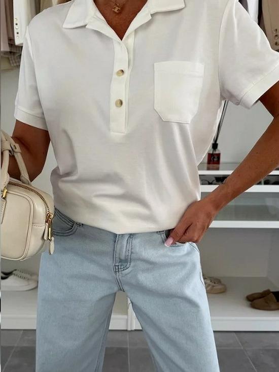 2025 Urban Casual Women's Lapel Solid Color Pocket Short Sleeve T-shirt