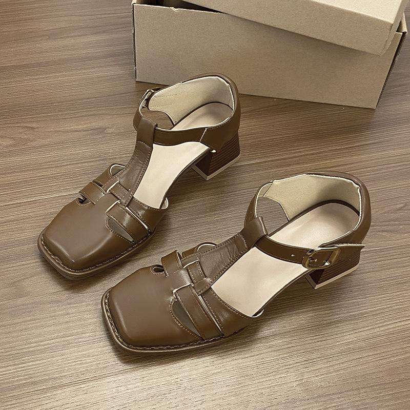 Comfortable and good 2025 summer new thick heel high heels imitation leather square head women's shoes French retro bag head Roman sandals