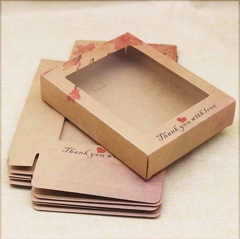 Newest 10pcs Kraft Paper Marbling Thank You Window Box Flower Print Christmas Gifts Candy Wedding Favors Home Party Package Box