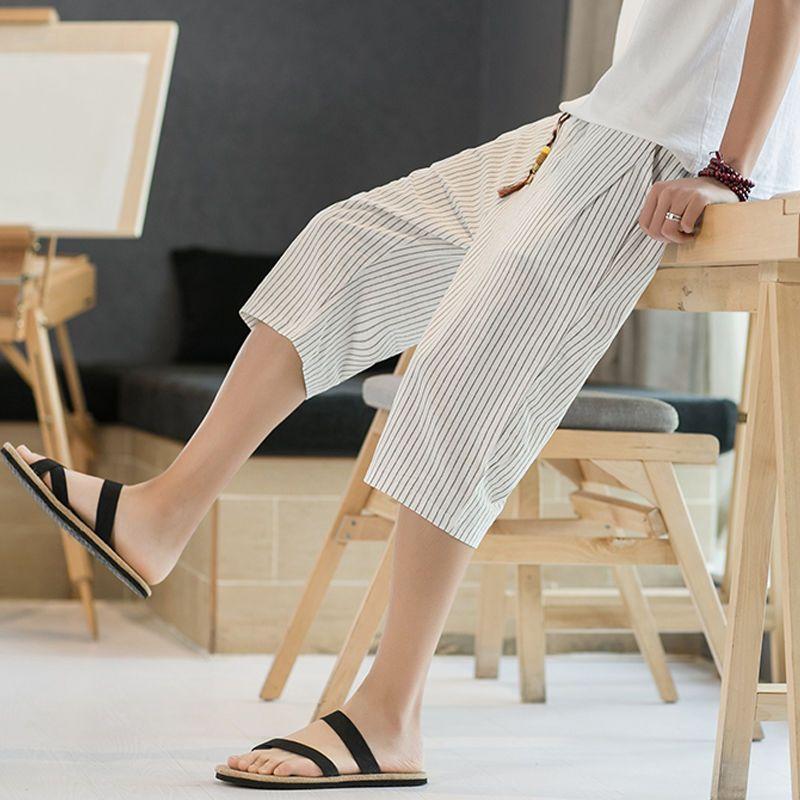 Cropped Pants Men's Loose Summer Thin Striped Casual Pants Trendy Sports Mid-pants Men's Shorts