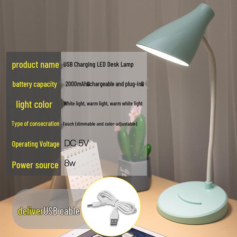 LED Desk Lamp with Eye Protection, Three-Level Dimming, USB Charging & Plug-in, Dual Use for Bedroom or Dorm.