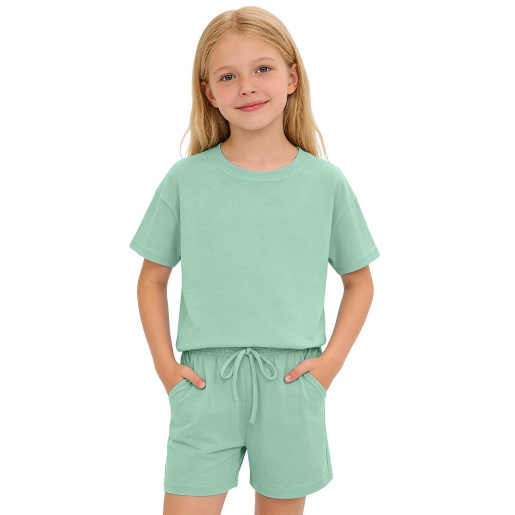 Kids Solid Color Shorts Set Drawstring Waist Pockets Crew Neck T-Shirt Casual Summer Outfit for Boys and Girls