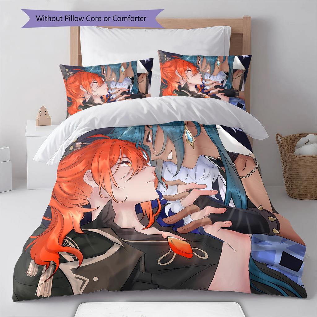 Ropa de Cama con Patrón de Genshin, Juego de Colcha Funda de Colcha Funda de Almohada Regalo de Cumpleaños para el Hogar (1 * funda nórdica + 2 * fundas de almohada, sin núcleo)