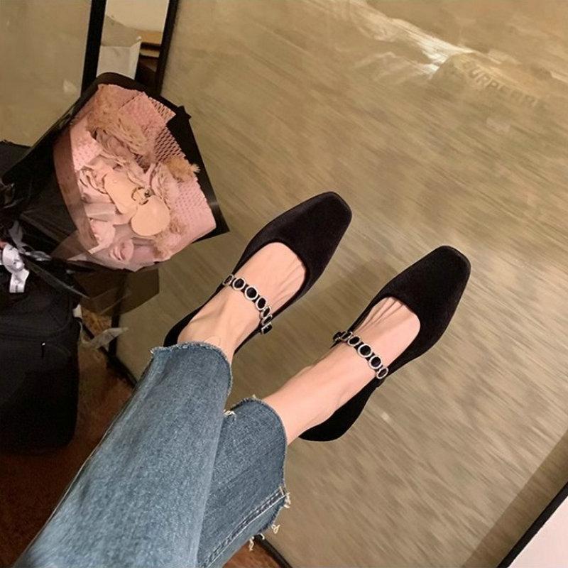 Fashion Flat Shoes for Women 2025 Spring and Autumn French Square Toe Shallow Mouth Diamond Low Heel Suede Mary Jane Shoe