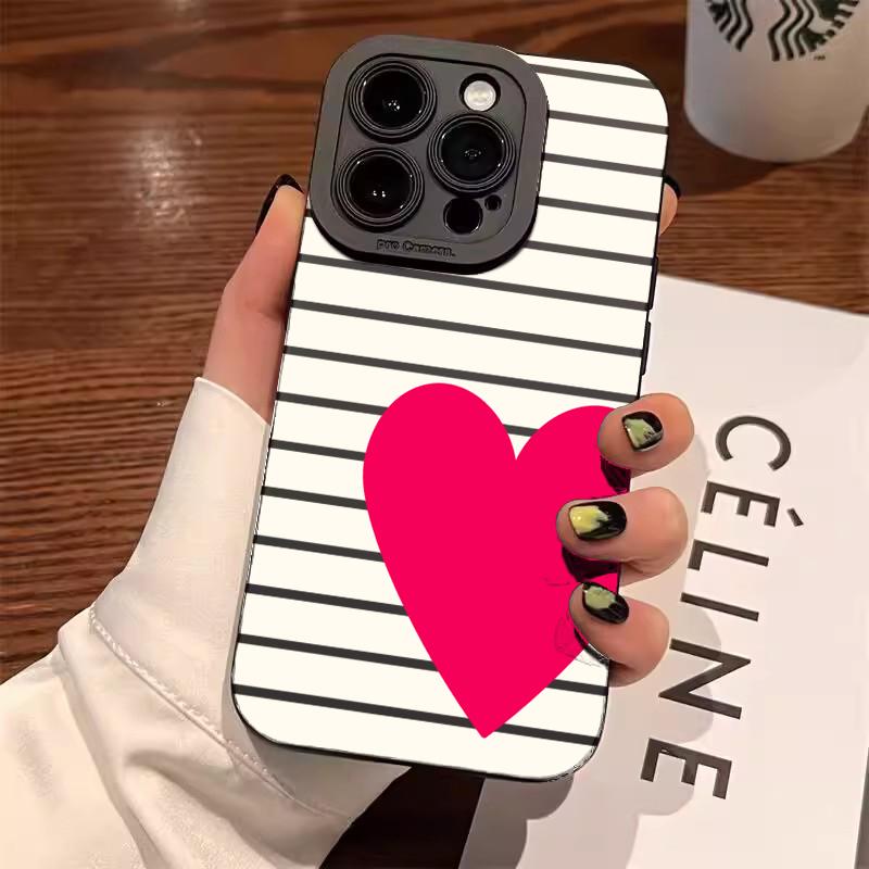 For iPhone 17 Pro Max Valentines Pink Heart White Striped Phone Case For iPhone 16 15 14 13 12 11 Air XS XR X 7 8Plus 16e Cover