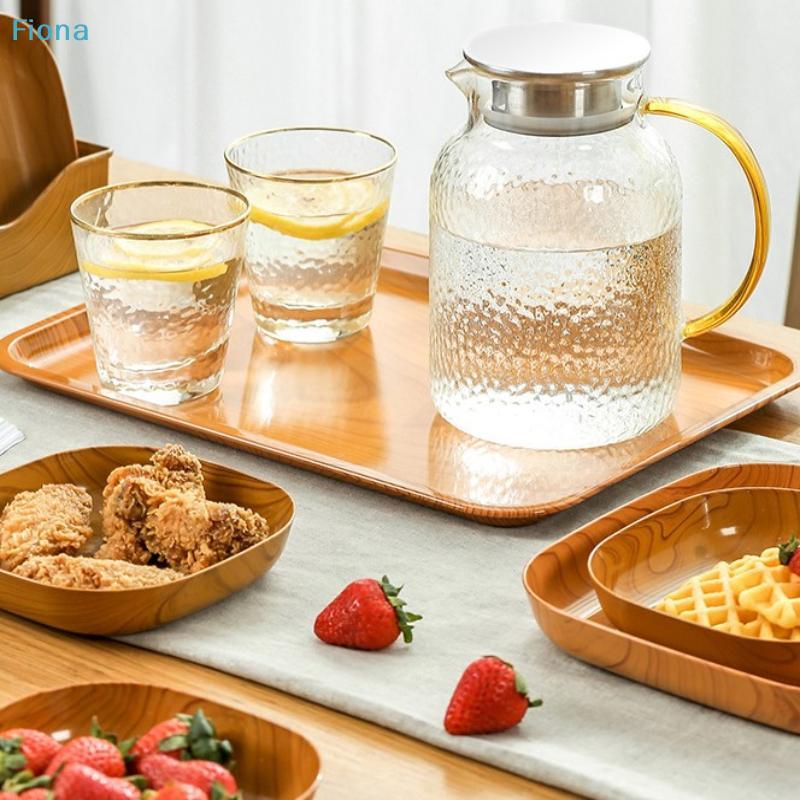 Wood Grain Plastic Serving Tray & Bowl Set,Multi-Shape Reusable Tableware for Fruit,Snack & Kitchen Storage with Storage Holder