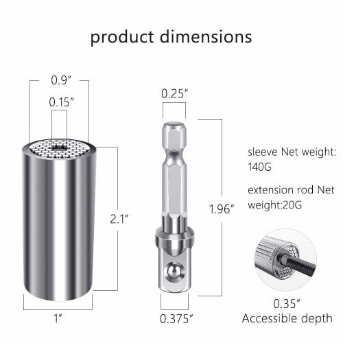 MAEXUS Universal Socket, Fits 7-19mm (1/4-3/4 Inch), 54 Built-in Steel Pins, Multi-Function 2-Piece Set, Work Tool with Drill Adapter