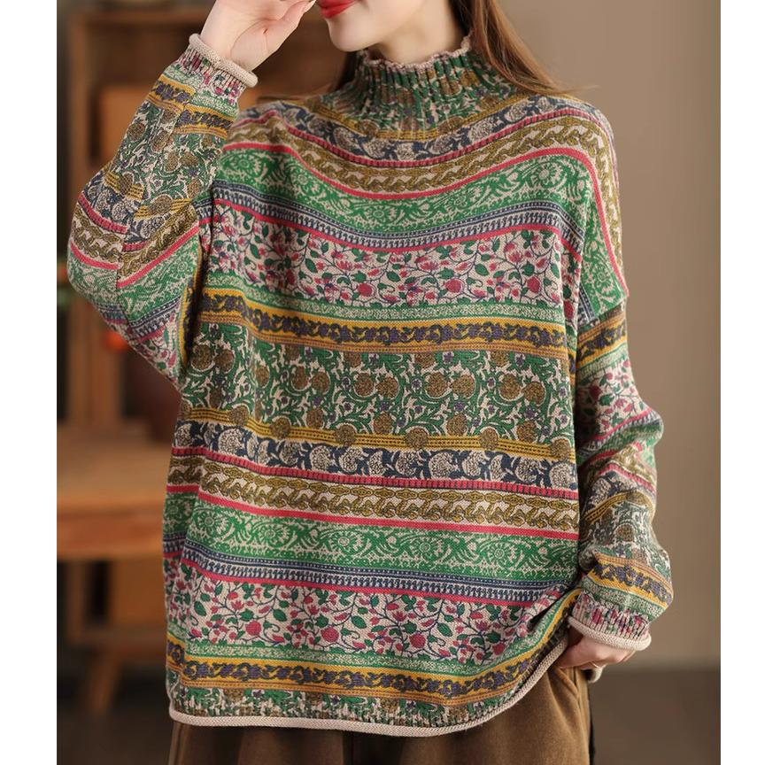 Spring Retro Fried Color Printed Sweater Women's Loose Half-high Collar Long-sleeved Cotton Pullover Sweater