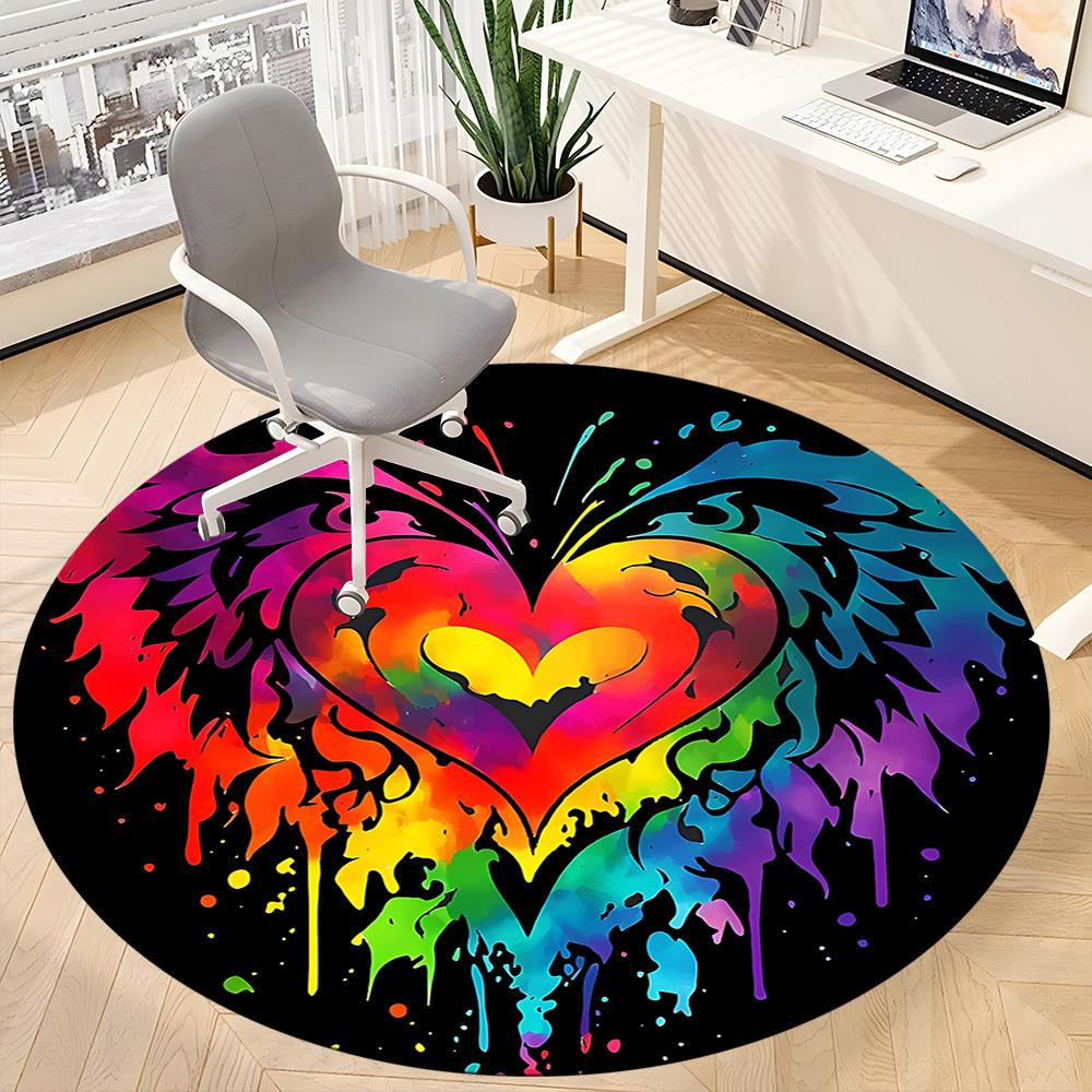 1PC Heart Rainbow Office Round Area Rug, Mat Suitable ForOffice, Under Office Chairs Bedroom Living Room Home Decor, Room Deco