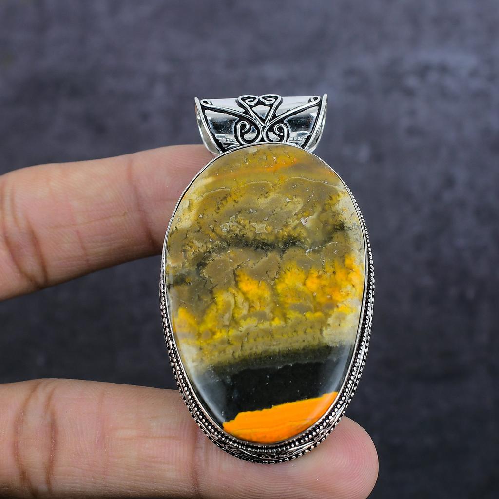 Natural Bumble Bee Jasper 925 Sterling Silver Jewelry Pendant 2.60" ET-4404