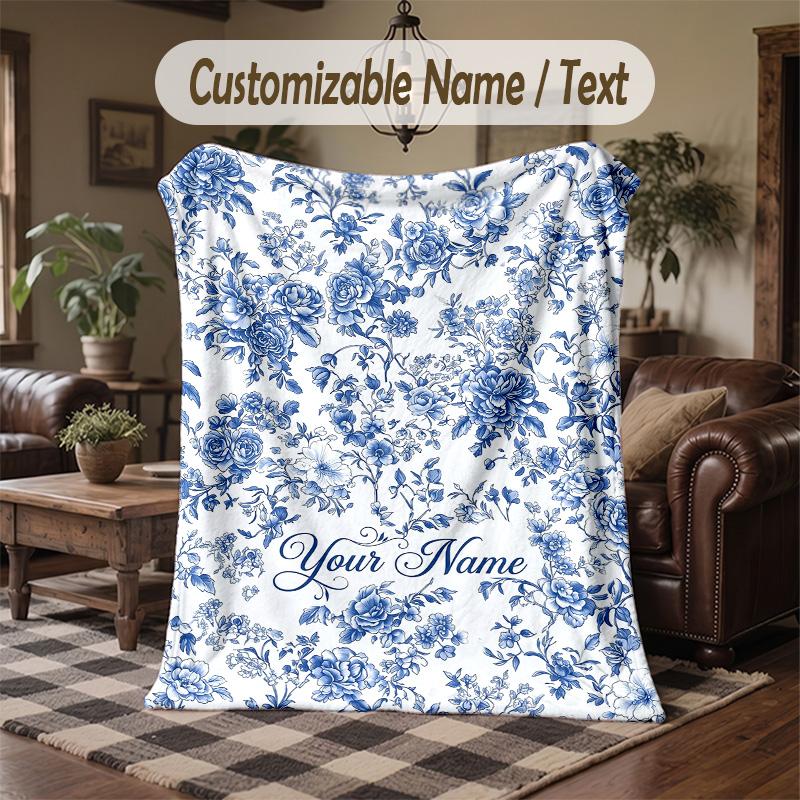 Blue Floral 1 Theme Throw Blanket Custom Name Text Personalized Blanket Soft Cozy Blanket for Home Sofa Bed