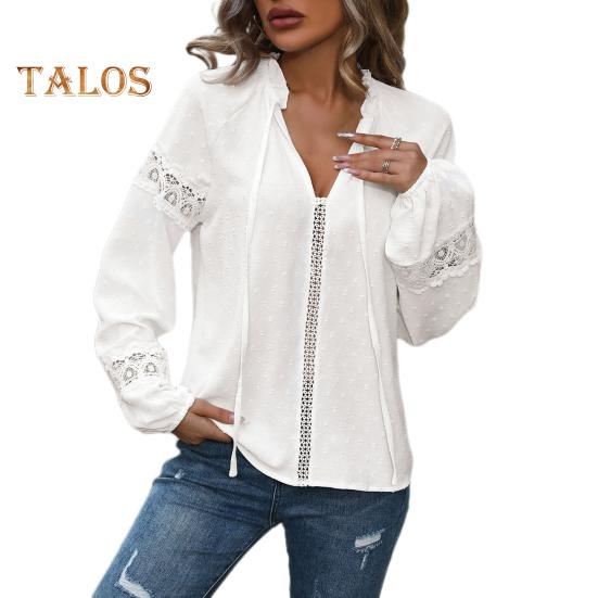 

Женская рубашка с круглым вырезом и длинным рукавом-фонариком, пуловер, топы из однотонного жаккардового узора, кружевная отделка, блузка на шнуровке S белый