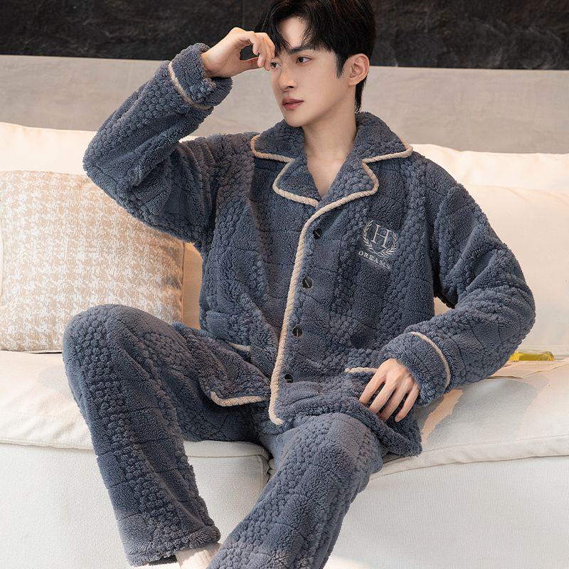 Men's Plus Size Flannel Fleece Home Wear Set - Thickened for Autumn and Winter