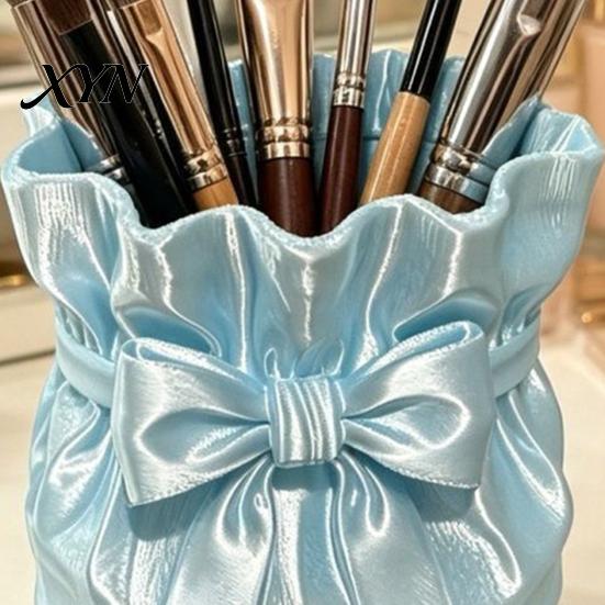 Bow Makeup Brush Holder Satin Bag Holder, 3D Printed Beauty Tool Organizer for Desk, Large Bowknot Pouch Pencil Storage Container Powder