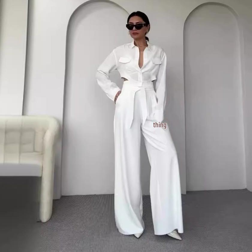 2024 Autumn Women's Solid Color Hollow Out Top & Wide Leg Pants Set