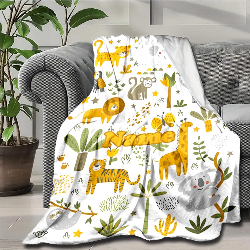 Custom Name Animals Theme Printed Blanket - Perfect for Couch, Bed, Travel & Outdoor Use | Machine Washable, Cozy & Durable.