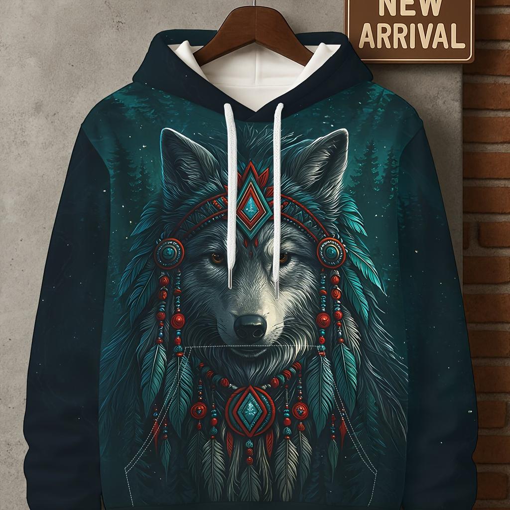 Herrhuvtröja - Tribal Varg & Fjäderhuvudbonad Grafisk Pullover,