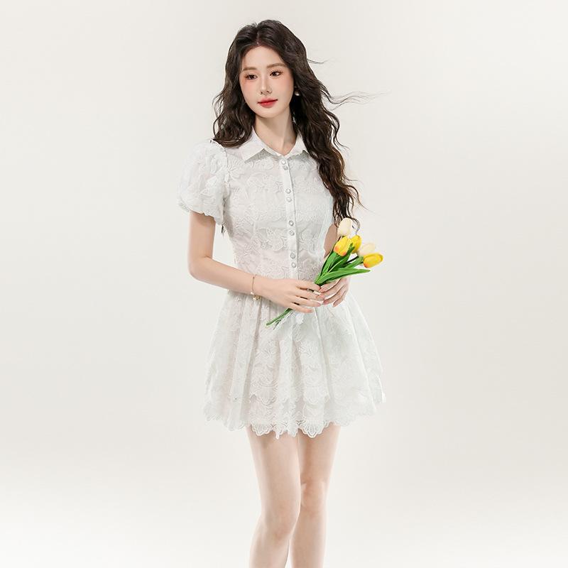 French Design White Lace Dress High-end Niche Bubble Sleeve Princess Dress