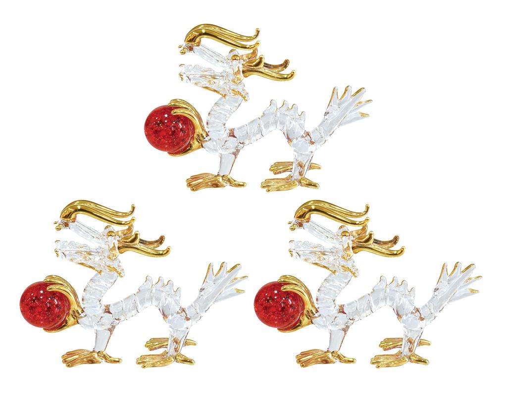 Four Cart Handmade Glass Feng Shui Victory Dragon [Ball-Holding Dragon] 2-inch X 3-Piece Set