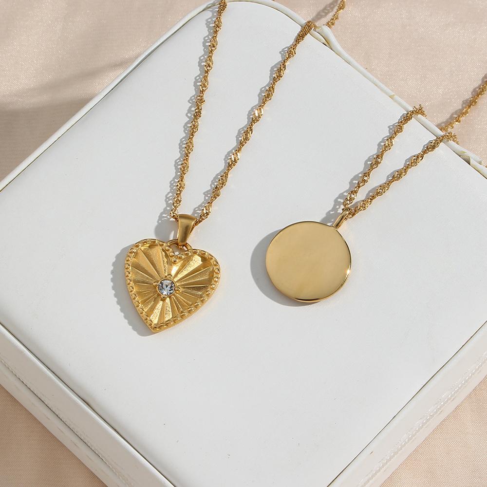 MamacitaSlay Jewelry Leaf Circle Heart Stripe Pendant Necklaces Zircon Inlaid 18K Plated Stainless Steel Necklace Women's Gift