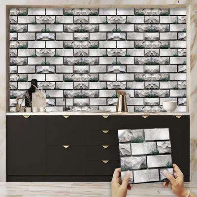 10pcs Grey Stone Brick Pattern Grass Tile Sticker Kitchen Backsplash Oil-proof Bathroom Waterproof Wall Decals Peel and Stick Wallpaper