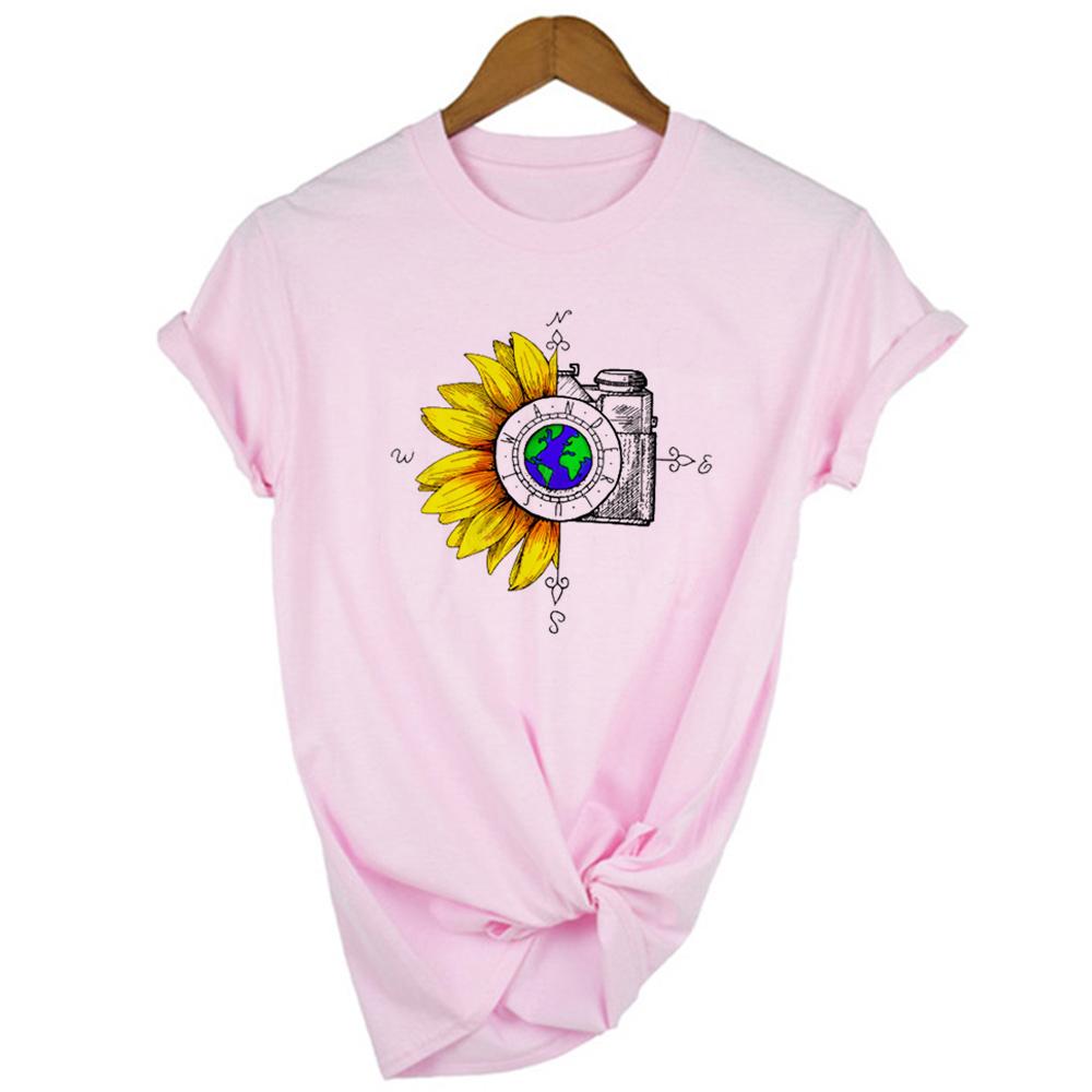 Women Graphic Sunflower T Shirt Watercolor Female Print Vintage World Compass Camera Flower Ladies Camisas Mujer