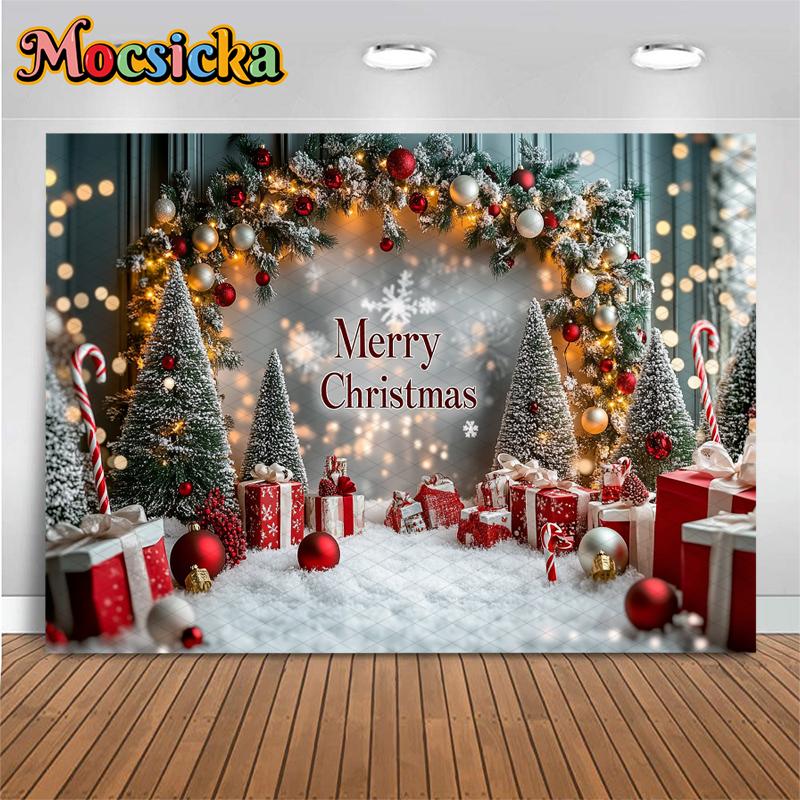 Mocsicka Merry Christmas Background Photography Shooting Props Xmas Tree Snow Gifts Decors Children Adult Family Party Backdrops