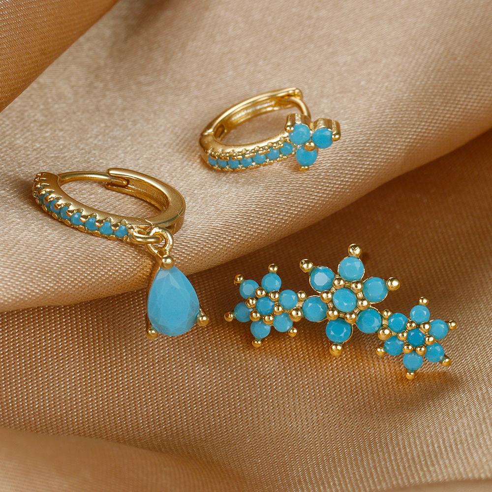 Vintage Blue Turquoise Water Drop Hoop Earring Set For Women Geometric Stainless Steel Flower Piercing Earring Christmas Jewelry