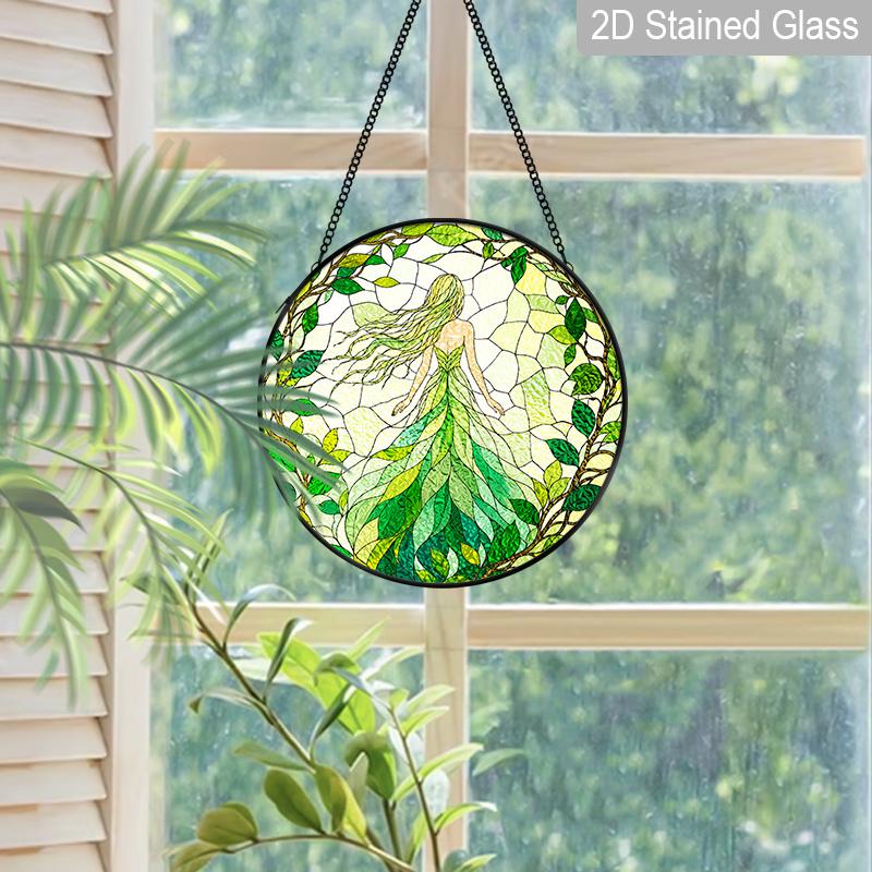 2D Flat Stained Glass Green Genie Window Decoration, 6.3/7.87inches Colored Glass Plate with Chain, Charming Indoor/Outdoor Spring Summer Sun Catcher