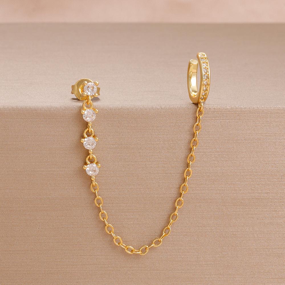 1PC Simple Stainless Steel Gold Color Chain Tassel Earring Zircon Stud Earrings Ear Clip Hypoallergenic Women's Jewelry