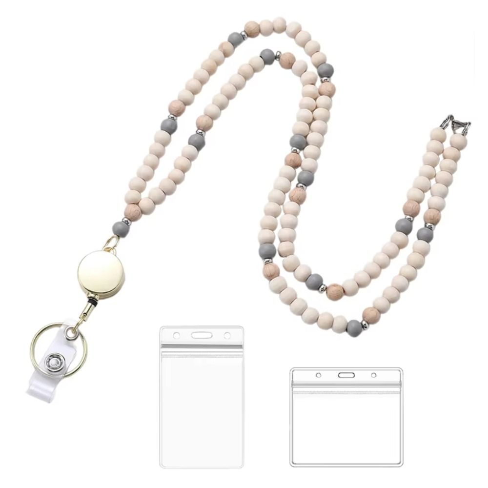 Retractable ID Badge Holder Lanyard Natural Wood Bead Bead Teacher Lanyard  School Use