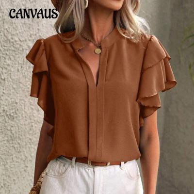 Damen T-Shirt Sommer V-Ausschnitt Lässig Zweilagig Rüschenärmel Einfarbig Kurzarmshirt Übergröße