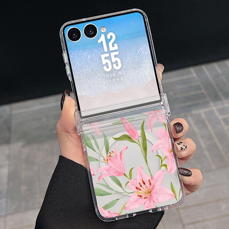 With Hinge Magnetic Phone Case For Samsung Z Flip 8 7 FE 6 5 4 White Flowers Print Hard Folding Phone Cover For Galaxy Z Flip8 Flip7 Flip6