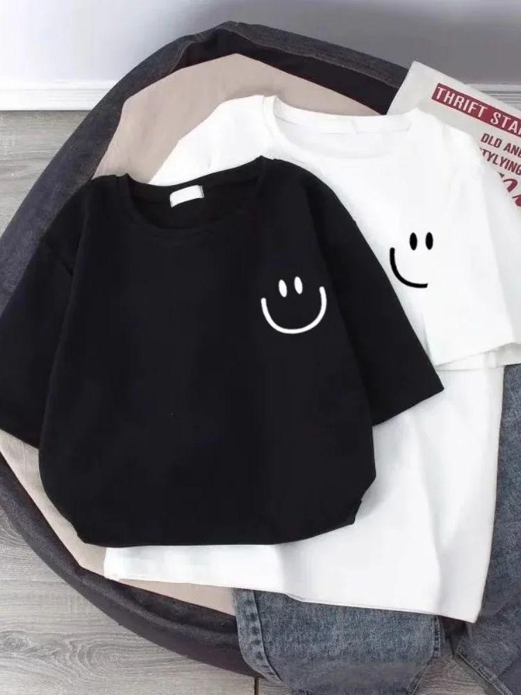 Summer Smiling Face Print Children's T-shirt Short-sleeved Pure Cotton Loose Basic Versatile Base Cool Simple Kid Girl Tees Tops
