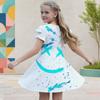 Girls Round Neck Flutter Sleeve Printed A Line Flared Dress Blue Pink White