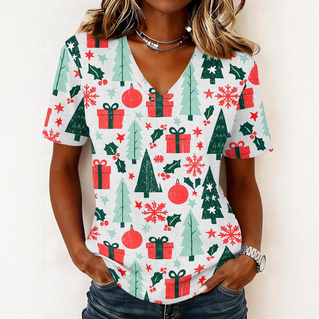 Women's Casual Short Sleeve V-Neck Christmas Print Pullover Top