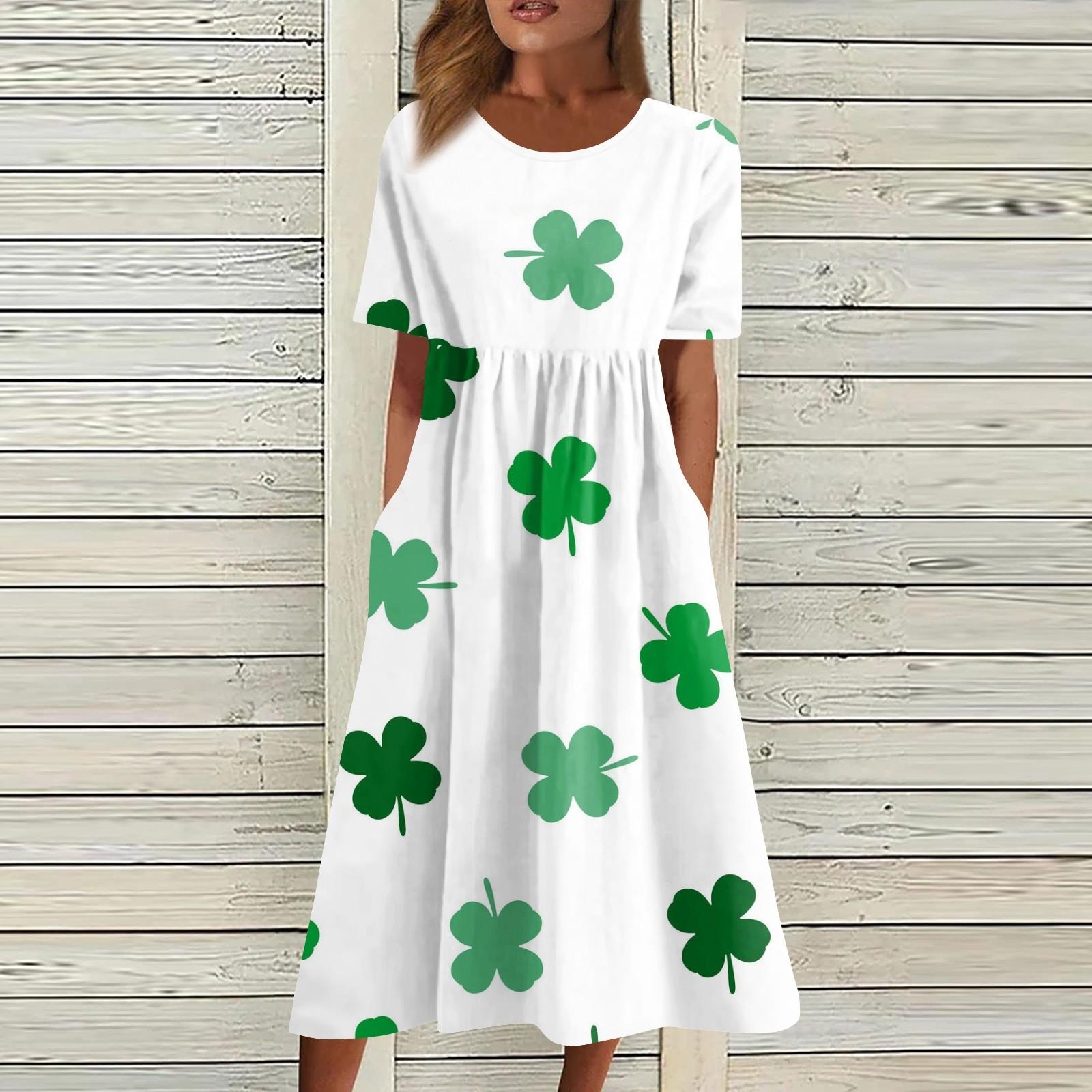 

Women s Casual St. Patrick Print Pleated Round Neck Midi Dress Basic Classic Outdoor Everyday Short Sleeve Loose Dress L темно-зеленого