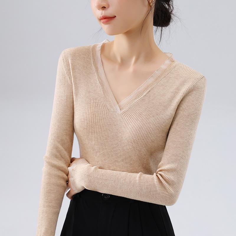 New Style of Knitted Base Shirt for Women European Women's Temperament V-neck Pullover Sweater Waist-tightening Inner Wear