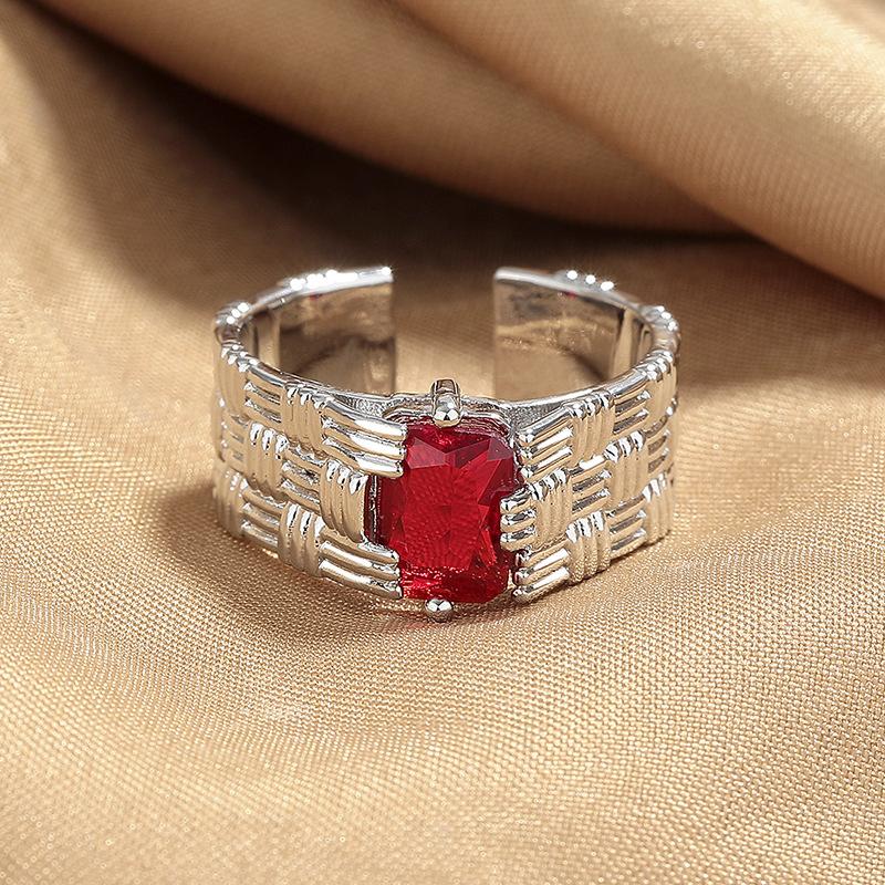 Personalized Style Wide-Faced Woven Ring Women'S Light Luxury Niche Inlaid Rectangular Red Zircon Fashion Adjustable Index Finger Ring
