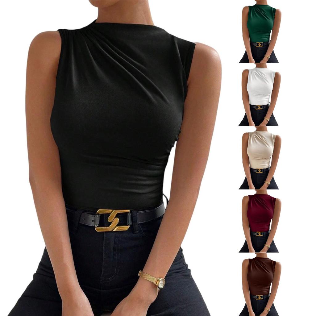 Sleeveless Tops For Women Casual Mock Neck Slim Fitted Ruched Shirts High Neck Summer Shirt Tops