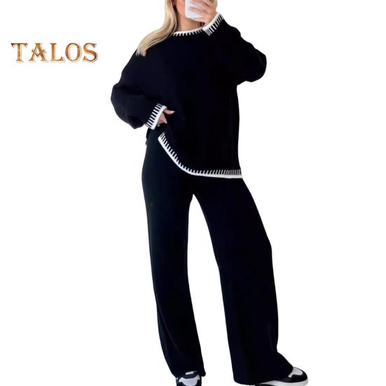 2 szt./zestaw zimowy sweter spodnie zestaw O szyi luźny dzianinowy gruby długi rękaw sweter szerokie nogawki ciepłe spodnie codzienny strój szkoła odzież domowa ubrania sportowe