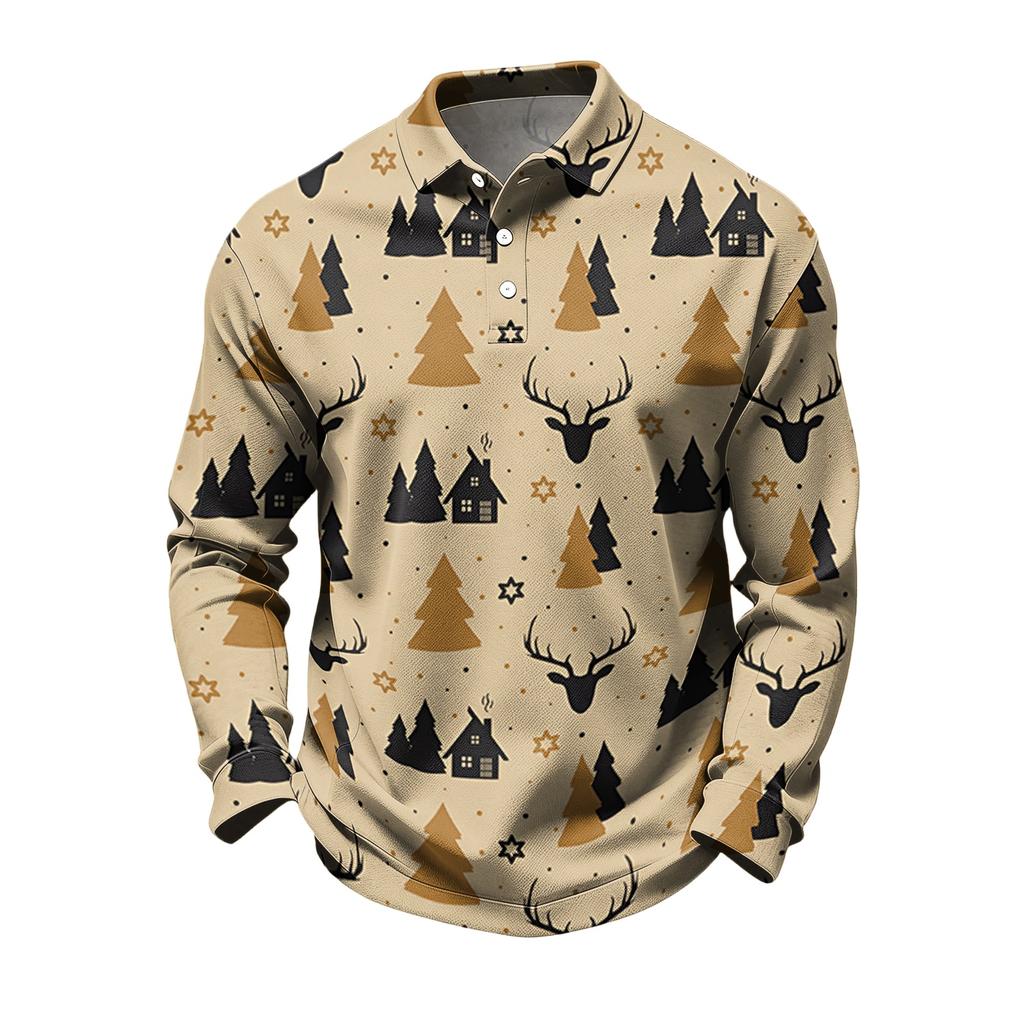Men's Casual Quick-Dry Mesh Golf Shirt Long Sleeve Christmas Print Top