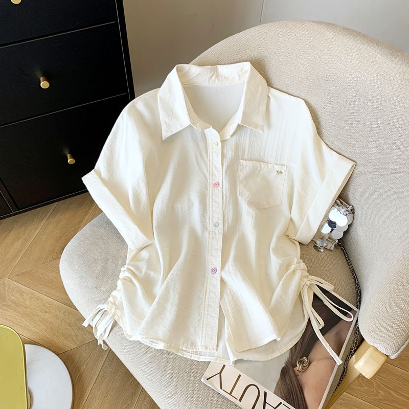 

Korean Fashion Commuter Ol Blue Lapel Single-Breasted Loose Side Drawstring Lace-up Shoulder Short sleeve Shirts Top Women Apricot color L