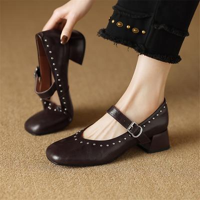 Mode Neue Frühling/Sommer Echtleder Mary Jane Schuhe für Damen Mode Nieten Quadratische Zehenschuhe Damen Pumps Klobige Absätze Schwarz